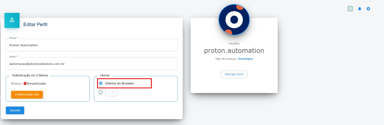 Edição do Perfil - Escolha de idioma - Destaque: Idioma do navegador